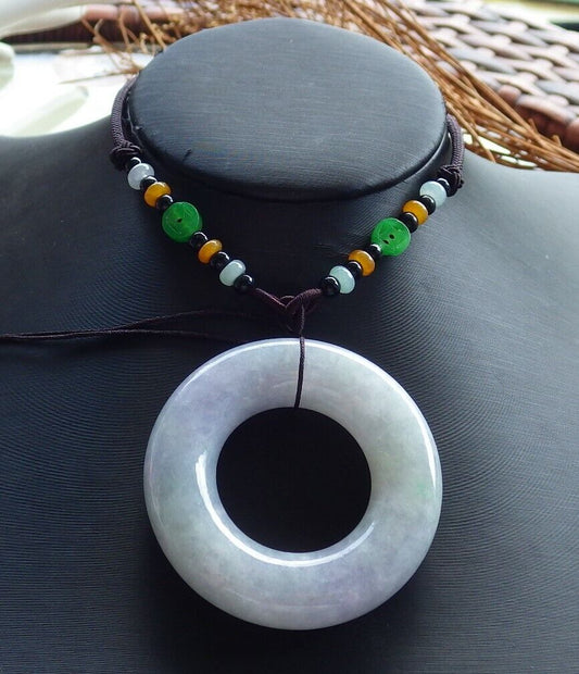 Certified Pale Lavender Green 100% Natural A Jade jadeite Pendant Circle Donut Necklace 平安扣 525714  TN