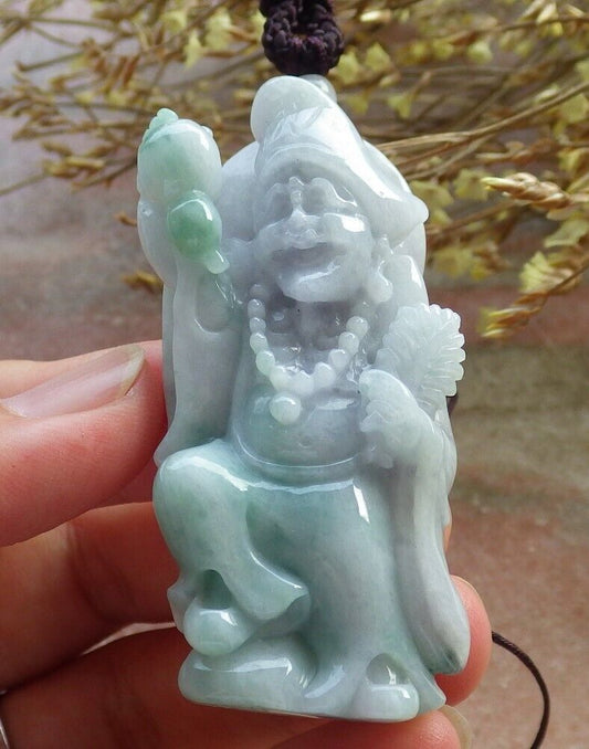 Certified Green Pale Lavender Burma 100% Natural A Jade jadeite pendant Happy Ji Kung Buddha God Fan Gourd Necklace 济公 575331 TN