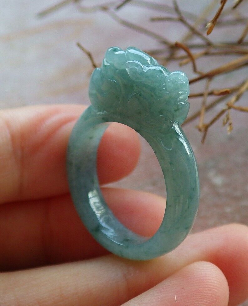 Certified Icy Green 100% Natural A JADE Jadeite Dragon Pi Xiu RING USA. 7.25 风水貔貅戒指 530069  TN