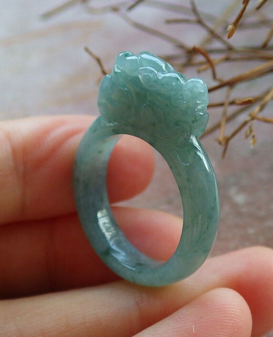 Certified Icy Green 100% Natural A JADE Jadeite Dragon Pi Xiu RING USA. 7.25 风水貔貅戒指 530069  TN