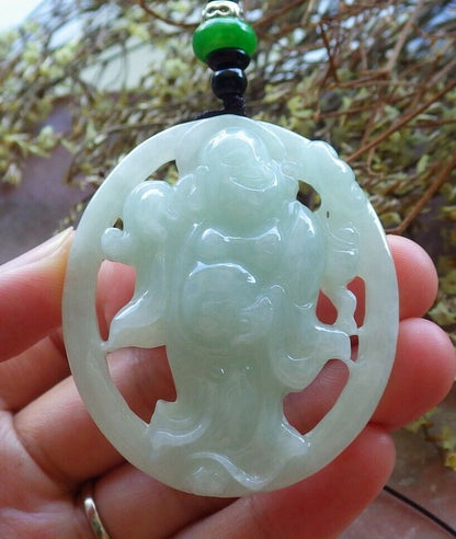Certified Green 100% Natural A Jade jadeite pendant Happy Buddha God Ruyi Necklace 开心佛 523949  TN