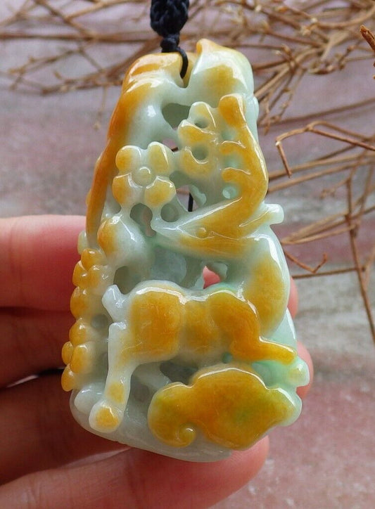 Certified Yellow Green 100% Natural A Jade jadeite Pendant Deer Flower Ruyi Necklace 梅花鹿 526346  TN