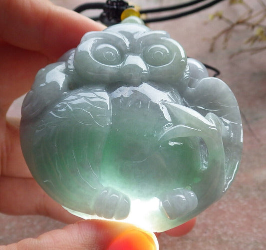 Certified Green Burma 100% Natural A Jade jadeite Pendant Owl Ruyi Necklace 猫头鹰 633445  TN