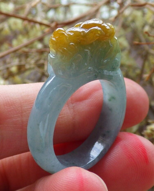 Certified Icy Yellow Green 100% Natural A JADE Jadeite Dragon Pi Xiu RING USA. 9 戒指 523749  TN