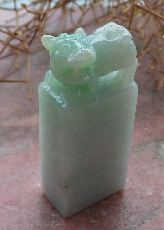Certified Green 100% Natural A Jade jadeite Display Dragon Pi Xiu Chop Seal 印章 520008  TN