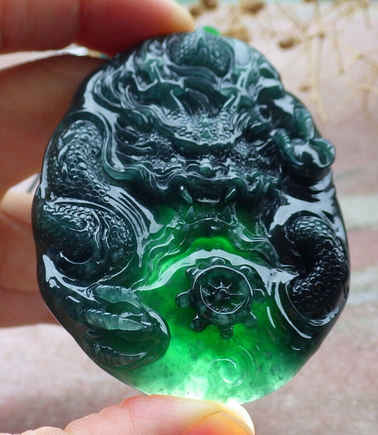 Certified Icy Green Burma 100% Natural A Jade jadeite Pendant Dragon Bead Necklace 生意兴隆 636353  TN