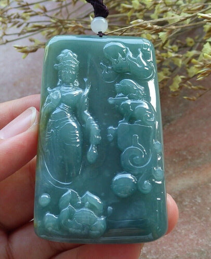 Certified Icy Green Yellow Burma 100% Natural A Jade jadeite Pendant  Guanyin Kwan Yin Lion Lotus Flower Necklace 观音 574824 TN