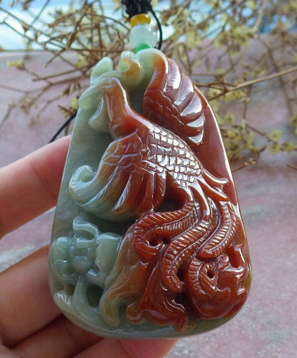 Certified Red Green Burma 100% Natural A Jade jadeite Pendant Phoenix Flower Necklace 凤凰 633050  TN