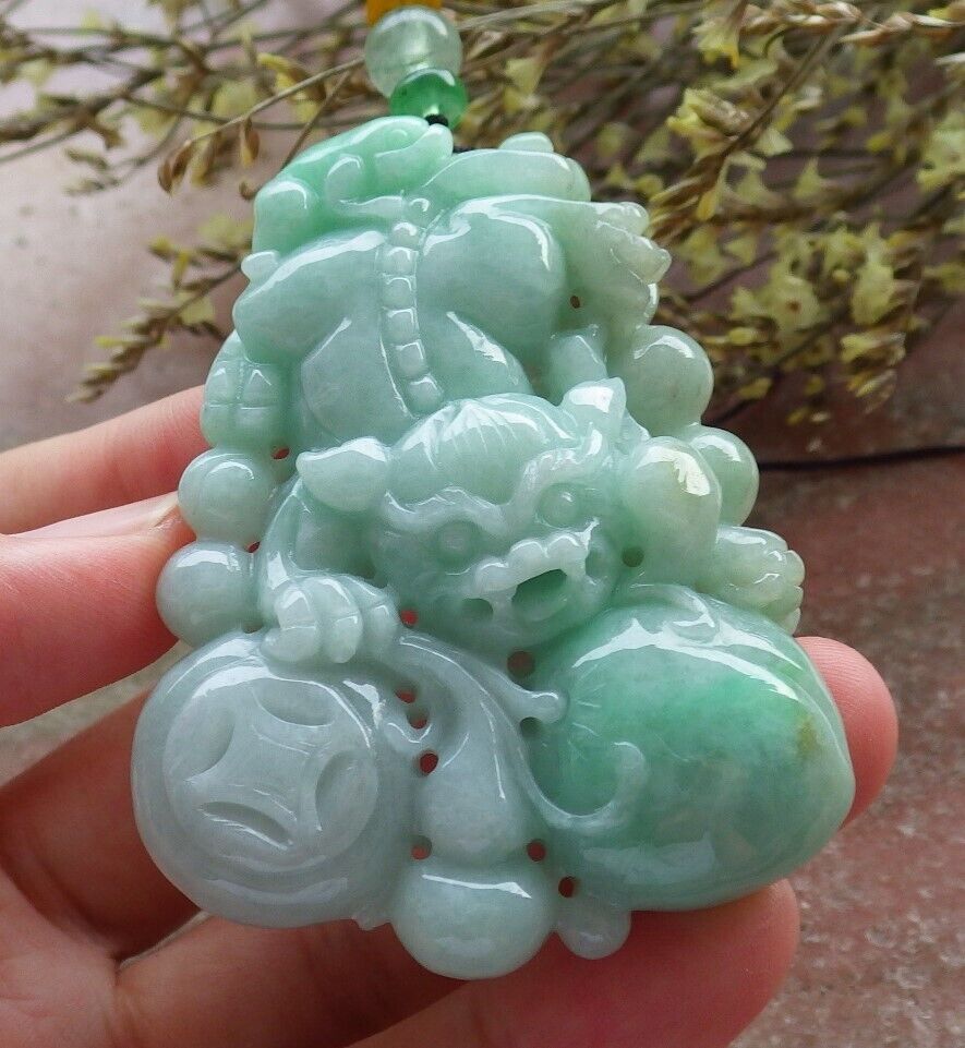 Certified Green 100% Natural A Jade jadeite Pendant Dragon Pi Xiu Frog Toad Peach Coin Necklace 风水貔貅 574019 TN