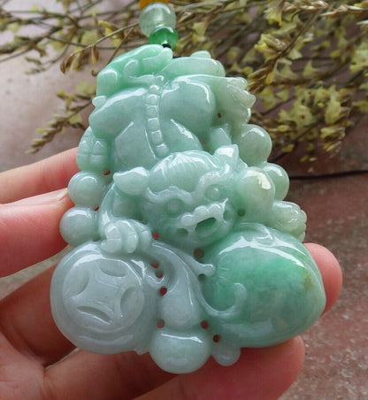 Certified Green 100% Natural A Jade jadeite Pendant Dragon Pi Xiu Frog Toad Peach Coin Necklace 风水貔貅 574019 TN