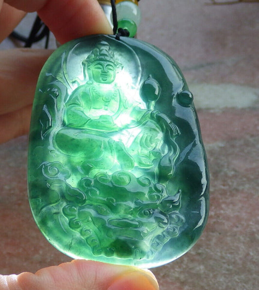 Certified Icy Blue Water Green Burma 100% Natural A Jade jadeite Pendant Guanyin Kwan Yin Dragon Flower Necklace 观音 633868  TN