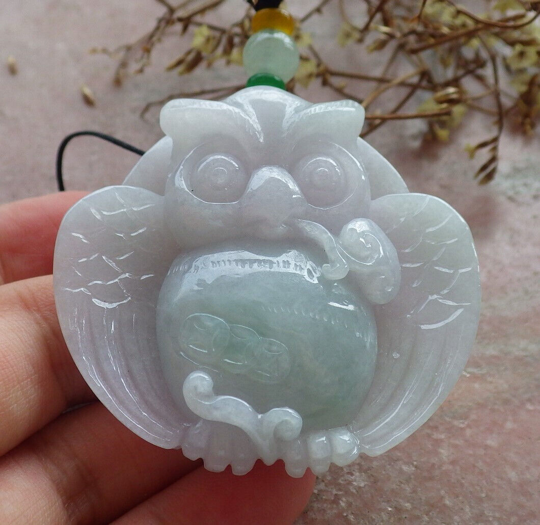 Certified Green Pale Lavender Burma 100% Natural A Jade jadeite Pendant Owl Ruyi Coin Necklace 猫头鹰 633436  TN