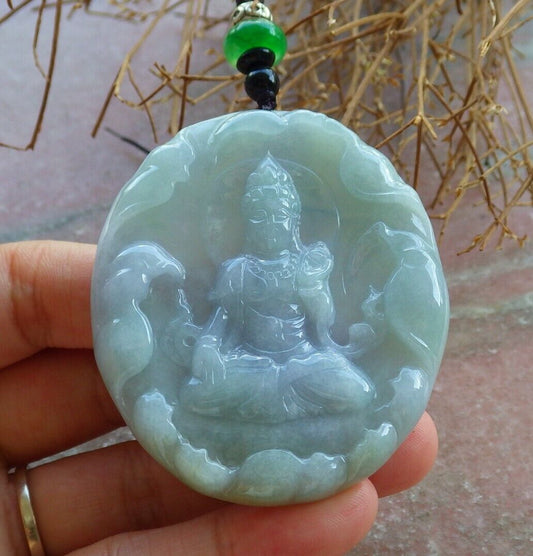 Certified Green Pale Lavender 100% Natural A Jade jadeite pendant Guanyin Kwan Yin Lotus Leaf Necklace 观音 523712  TN