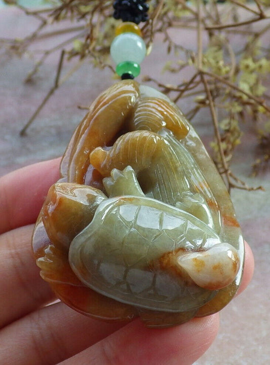 Certified Yellow Green Burma 100% Natural A Jade jadeite pendant Turtle Ruyi Necklace 长寿龟 632601  TN