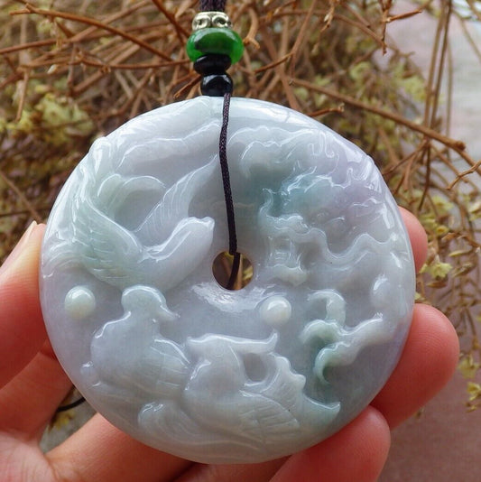 Certified Green Pale Lavender 100% Natural A Jade jadeite pendant Mandarin Duck Dragon Phoenix 5 Bat Necklace 龙凤524984   TN