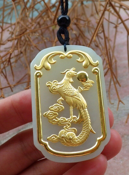 Certified 24K Yellow Gold Filled Hetian nephrite jade 100% A Natural Phoenix Rectangle Bead Necklace 凤凰牌 520692  TN