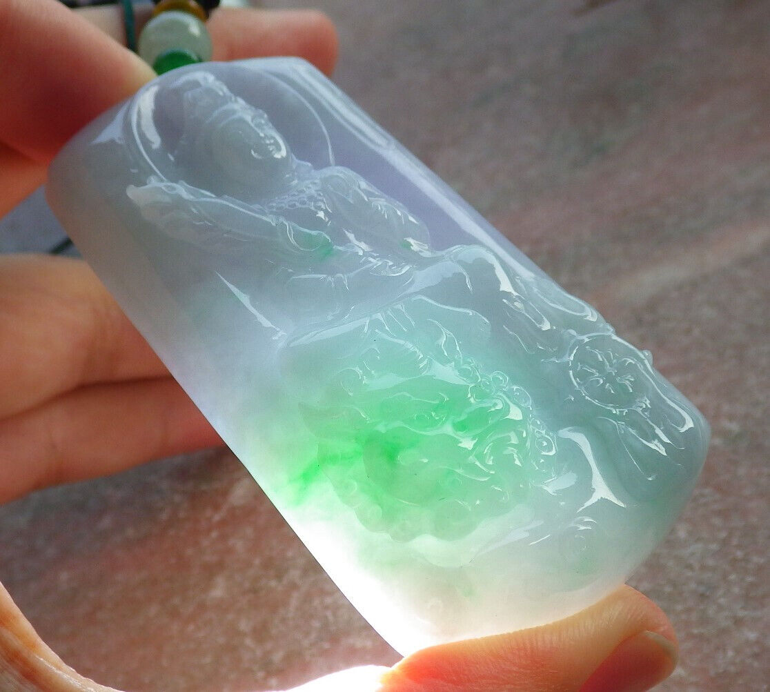 Certified Green Pale Lavender Burma 100% Natural A Jade jadeite Pendant Guanyin Kwan Yin Dragon Necklace 观音 633824  TN