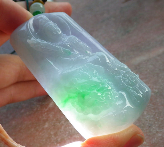 Certified Green Pale Lavender Burma 100% Natural A Jade jadeite Pendant Guanyin Kwan Yin Dragon Necklace 观音 633824  TN