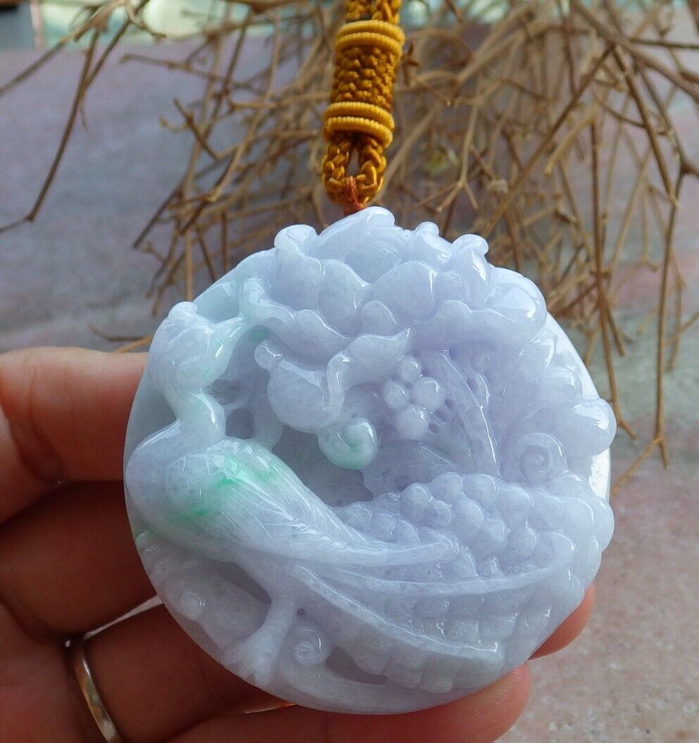 Certified Green Pale Lavender 100% Natural A Jade jadeite Pendant Phoenix Bird Flower Necklace 鸟语花香 521055  TN