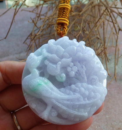 Certified Green Pale Lavender 100% Natural A Jade jadeite Pendant Phoenix Bird Flower Necklace 鸟语花香 521055  TN