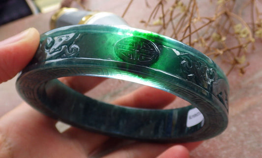 Certified Icy Green Burma 100% Natural A JADE Jadeite Dragon Phoenix Longevity Bangle Bracelet 67 mm 手镯 634443  TN