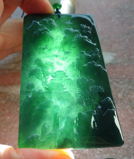 Certified Icy Blue Water Burma 100% Natural A Jade jadeite Pendant Landscape painting Tree Necklace 山水画 634260  TN