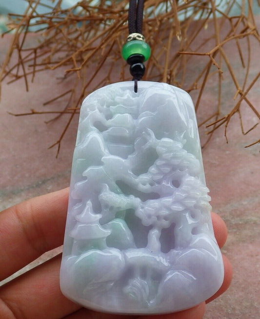 Certified Green Pale Lavender 100% Natural A Jade jadeite Landscape painting Tree Necklace 山水画 521223  TN