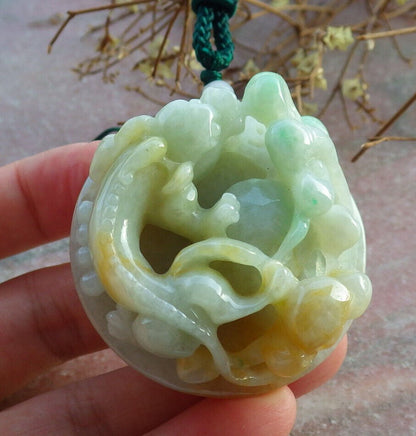 Certified Yellow Green Burma 100% Natural A Jade jadeite Pendant Dragon Pi Xiu Money Coin Ruyi Necklace 风水貔貅 634127  TN