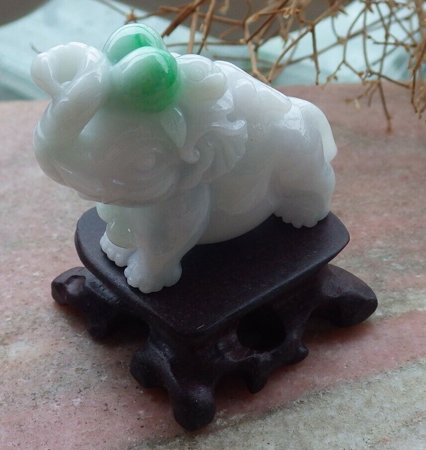 Certified Green 100% Natural A Jade jadeite Display Elephant Monkey Peach 封侯拜相 519574  TN ** Include woodstand **