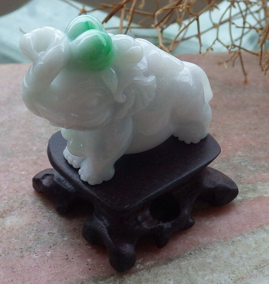 Certified Green 100% Natural A Jade jadeite Display Elephant Monkey Peach 封侯拜相 519574  TN ** Include woodstand **