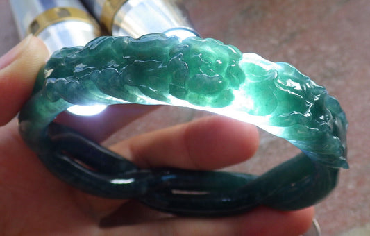 Certified Icy Green Burma 100% Natural A JADE Jadeite Flower Knotted Bangle Bracelet 64 mm 手镯 646718 TN
