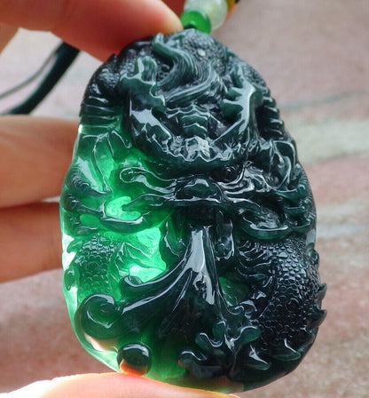 Certified Icy Green Burma 100% Natural A Jade jadeite Pendant Dragon Ruyi Necklace 生意兴隆 636188  TN