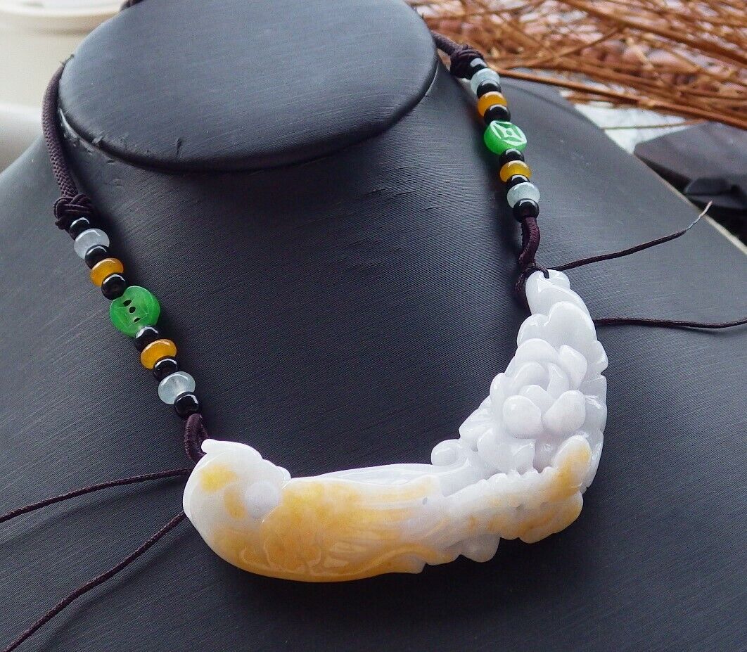 Certified Yellow Pale Lavender 100% Natural A Jade jadeite Pendant Phoenix Ruyi Coin Flower Necklace 凤凰 525985  TN