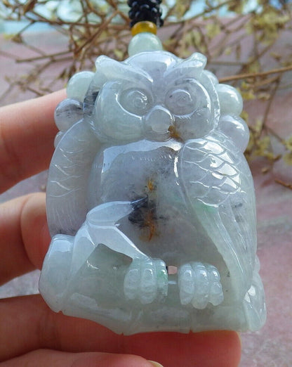 Certified Green Yellow Pale Lavender Burma 100% Natural A Jade jadeite Pendant Owl Coin Bamboo Necklace 猫头鹰 632911  TN