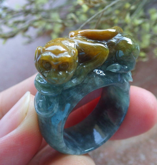 Certified Yellow Icy Green Burma 100% Natural A JADE Jadeite Monkey Coin RING USA. 10 戒指 574078 TN