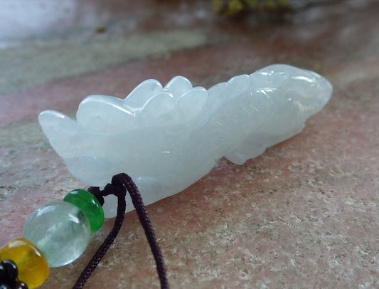 Certified Icy White Burma 100% Natural A Jade jadeite Pendant Dragon Necklace 生意兴隆 574184 TN
