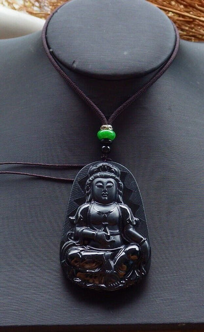 Certified Green Black 100% Natural A Jade jadeite pendant Guanyin Kwan Yin Lotus Flower Necklace 墨翠 观音 525096  TN