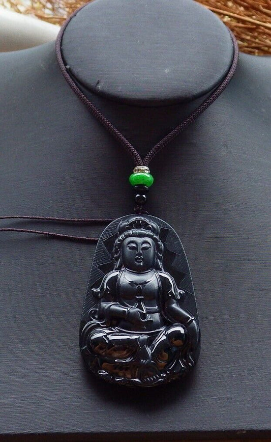 Certified Green Black 100% Natural A Jade jadeite pendant Guanyin Kwan Yin Lotus Flower Necklace 墨翠 观音 525096  TN