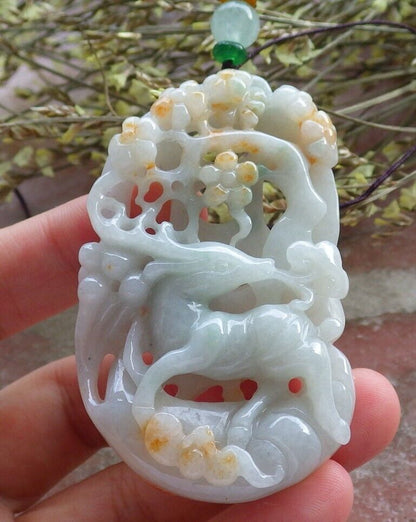 Certified Yellow Green Burma 100% Natural A Jade jadeite Pendant Deer Bat Ruyi Coin Flower Necklace 梅花鹿 573931 TN