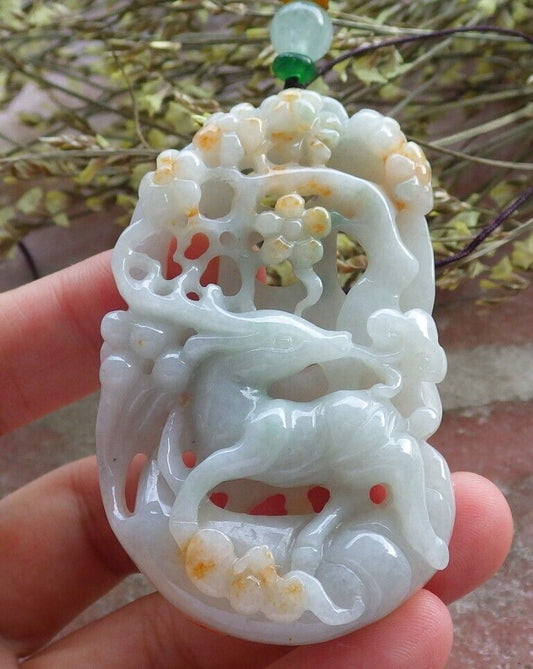 Certified Yellow Green Burma 100% Natural A Jade jadeite Pendant Deer Bat Ruyi Coin Flower Necklace 梅花鹿 573931 TN