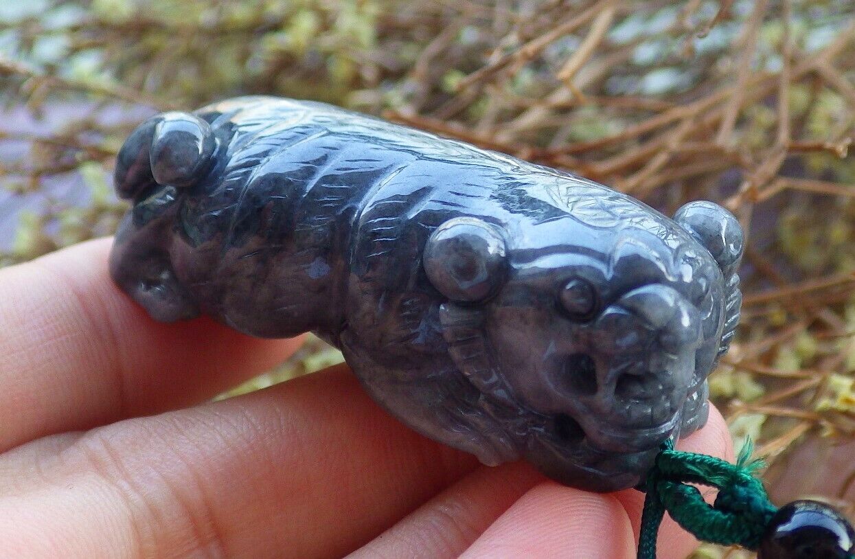 Certified Black 100% Natural A Jade jadeite pendant Tiger Necklace 虎虎生威 525468  TN