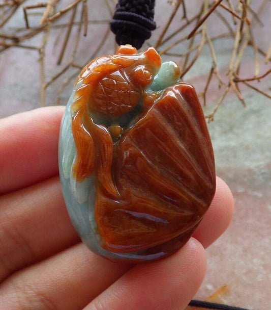 Certified Brown Red Green 100% Natural A Jade jadeite Pendant Gold Fish Sea Shell Necklace 金玉满堂 528832  TN