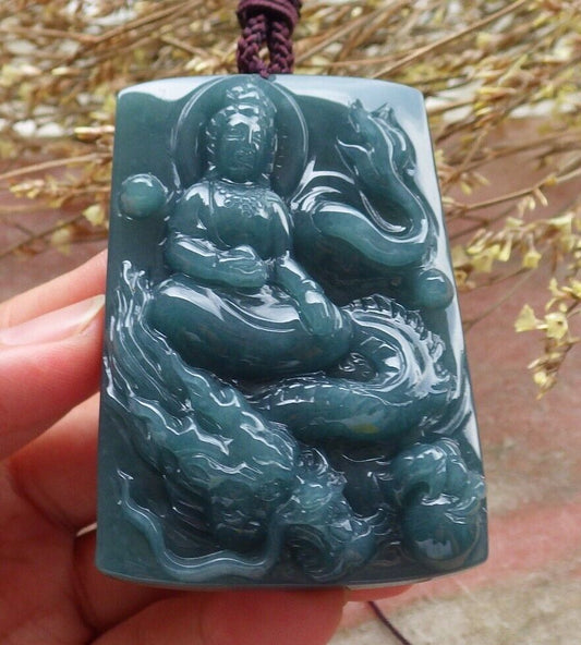 Certified Icy Green Burma 100% Natural A Jade jadeite Pendant Guanyin Kwan Yin Dragon Necklace 观音 575232 TN