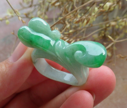 Certified Green Burma 100% Natural A JADE Jadeite Snails Ruyi RING USA. 10.25 花戒指 575124 TN