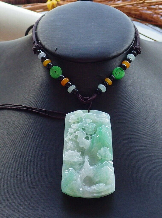 Certified Icy Green Burma 100% Natural A Jade jadeite Landscape painting Tree Necklace 山水画 525860  TN