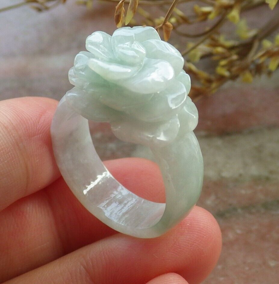 Certified Green Burma 100% Natural A JADE Jadeite Rose Flower RING USA. 10.75 花戒指 575389 TN