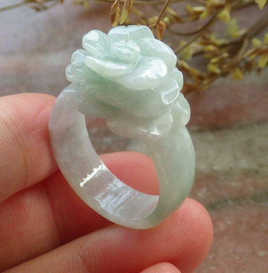 Certified Green Burma 100% Natural A JADE Jadeite Rose Flower RING USA. 10.75 花戒指 575389 TN