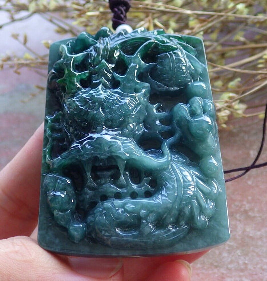 Certified Green Burma 100% Natural A Jade jadeite Pendant Dragon Bead Necklace 生意兴隆 574886 TN