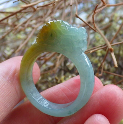 Certified Icy Yellow Green 100% Natural A JADE Jadeite Dragon Pi Xiu RING USA. 9 戒指 523815  TN