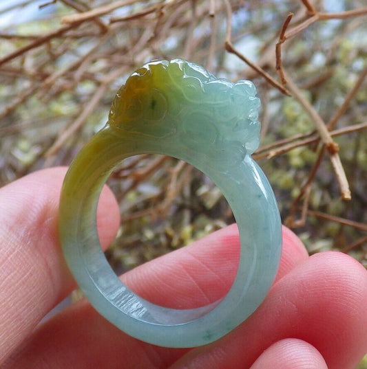 Certified Icy Yellow Green 100% Natural A JADE Jadeite Dragon Pi Xiu RING USA. 9 戒指 523815  TN